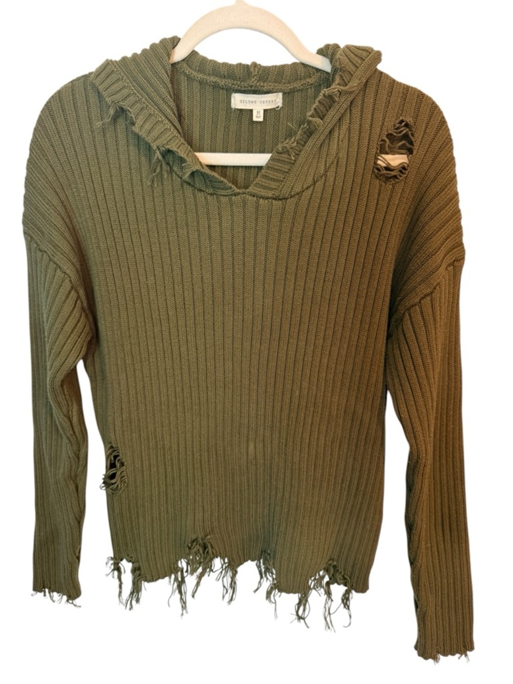 Gilded Intent Olive Distressed Hooded Sweater Ribbed Grunge Boho Size M - Picture 3 of 8